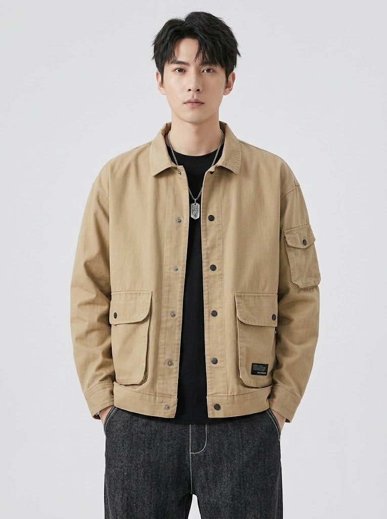 Serovine lapel jacket worn by model - front view