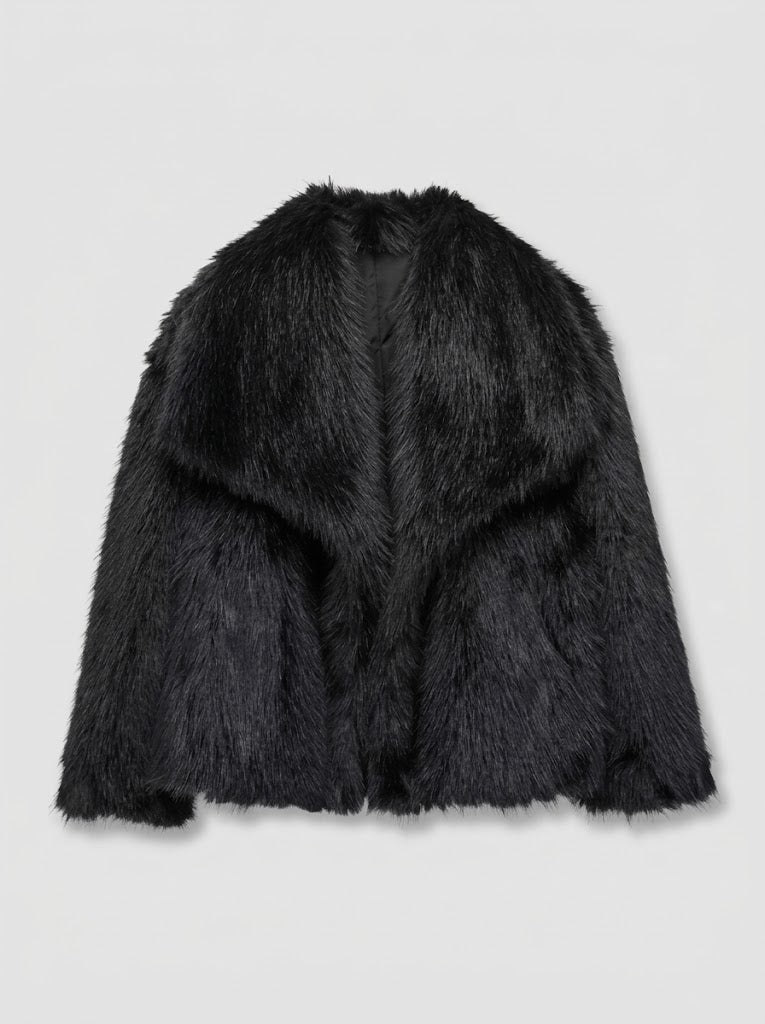 A black faux fur jacket with a wide collar, displayed against a light gray background.
