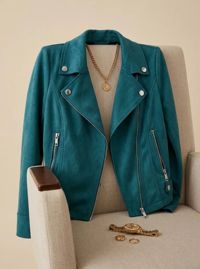 A teal blue-green faux suede biker jacket styled on a beige upholstered armchair, accessorized with a gold chain necklace, watch, and rings.